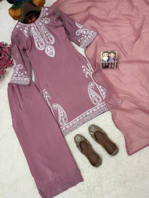 Rose colour chinon silk kurti palazzo set with georgette dupatta 2