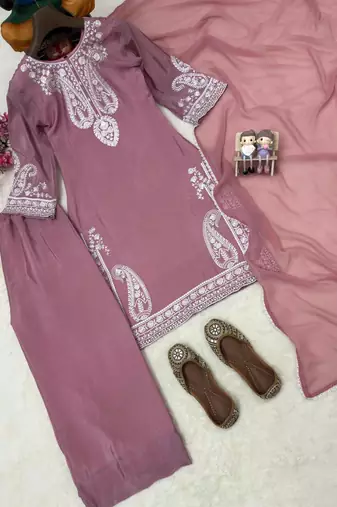 Rose colour chinon silk kurti palazzo set with georgette dupatta