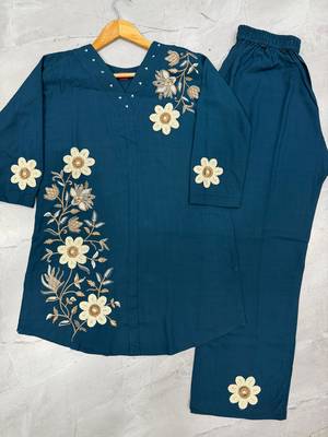 Teal blue colour embroidered rayon co-ord set for women 4