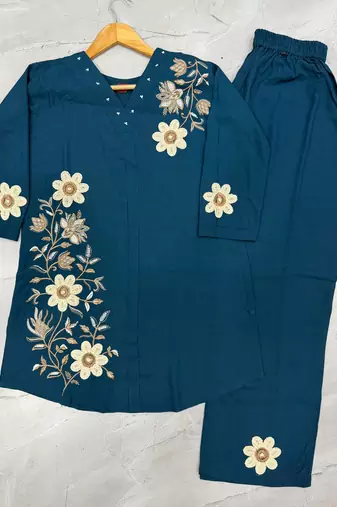 Teal blue colour embroidered rayon co-ord set for women