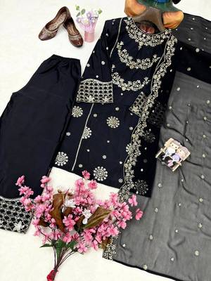 Black colour french crepe embroidered kurti palazzo set with dupatta 2