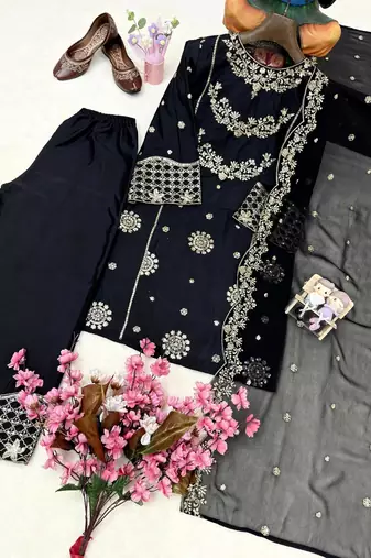 Black colour french crepe embroidered kurti palazzo set with dupatta