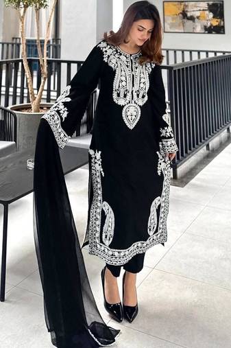 Black colour chinon silk kurti palazzo set with georgette dupatta