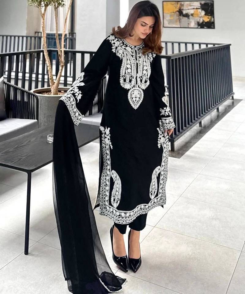Black colour chinon silk kurti palazzo set with georgette dupatta