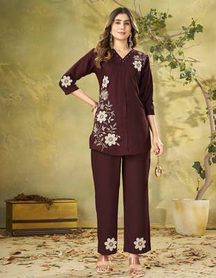 Brown colour embroidered rayon co-ord set for women 1