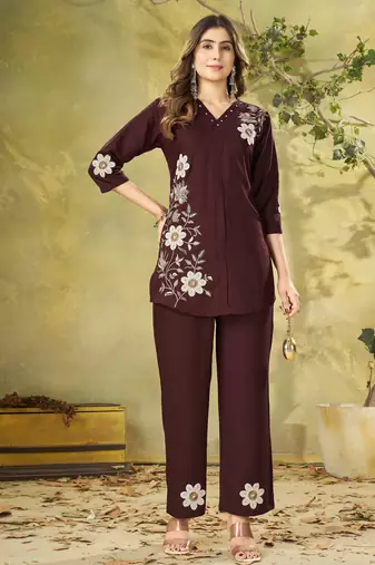 Brown colour embroidered rayon co-ord set for women