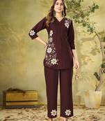 Brown colour embroidered rayon co-ord set for women
