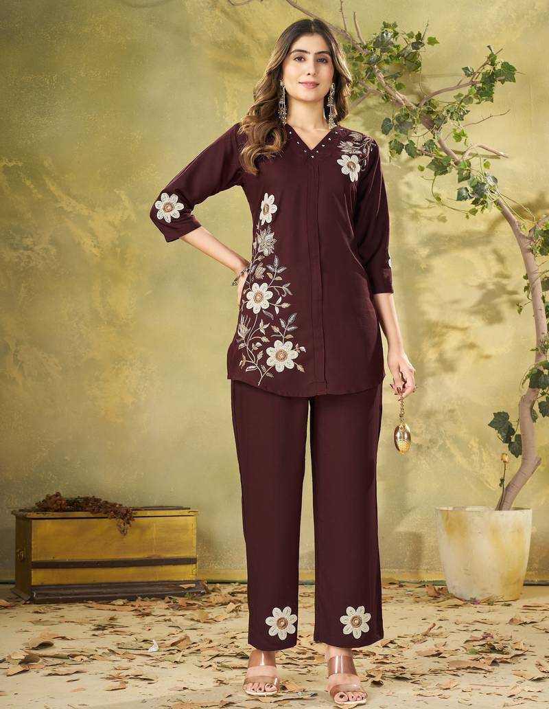 Brown colour embroidered rayon co-ord set for women