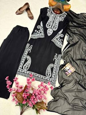 Black colour chinon silk kurti palazzo set with georgette dupatta 2