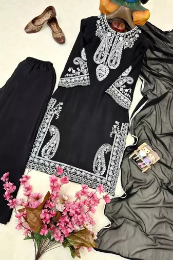 Black colour chinon silk kurti palazzo set with georgette dupatta