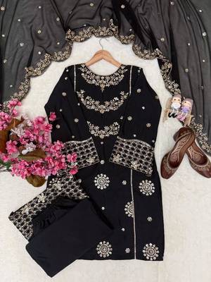 Black colour french crepe embroidered kurti palazzo set with dupatta 3