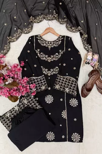 Black colour french crepe embroidered kurti palazzo set with dupatta