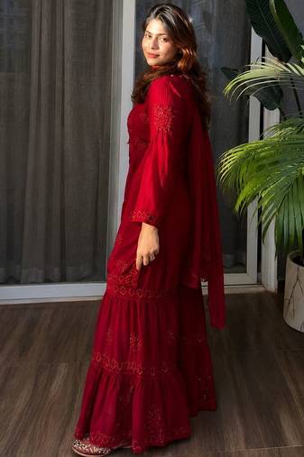 Red colour embroidered rayon kurti sharara set with dupatta
