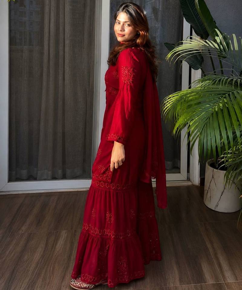 Red colour embroidered rayon kurti sharara set with dupatta