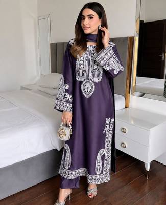 Purple colour chinon silk kurti palazzo set with georgette dupatta 1