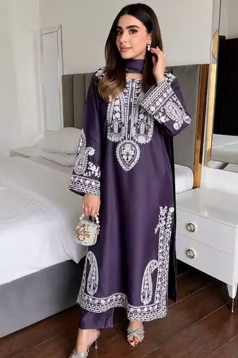 Purple colour chinon silk kurti palazzo set with georgette dupatta