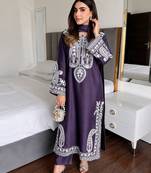 Purple colour chinon silk kurti palazzo set with georgette dupatta