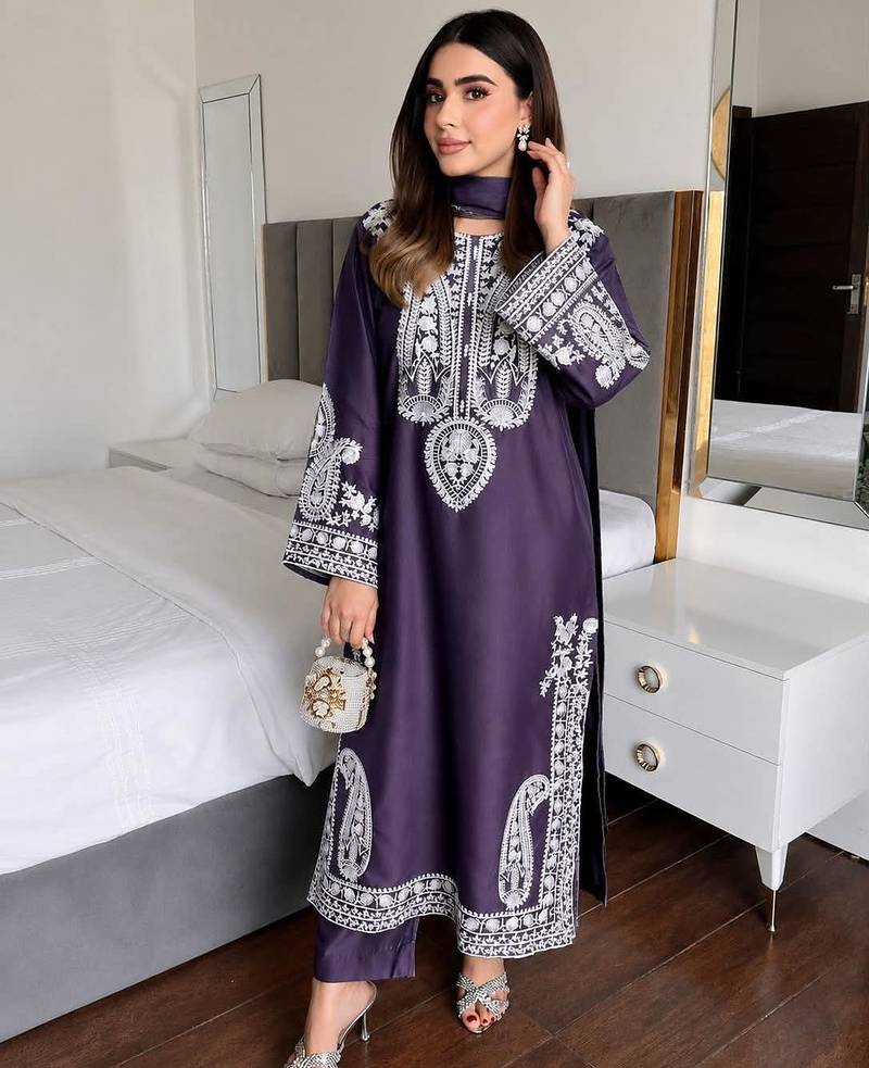Purple colour chinon silk kurti palazzo set with georgette dupatta