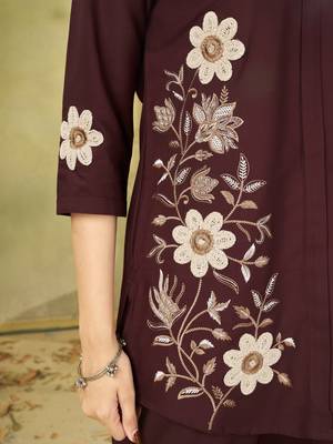 Brown colour embroidered rayon co-ord set for women 2