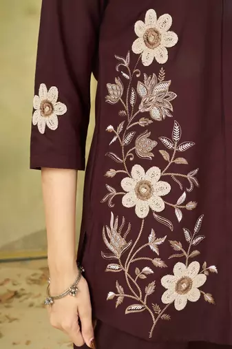 Brown colour embroidered rayon co-ord set for women