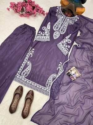 Purple colour chinon silk kurti palazzo set with georgette dupatta 2