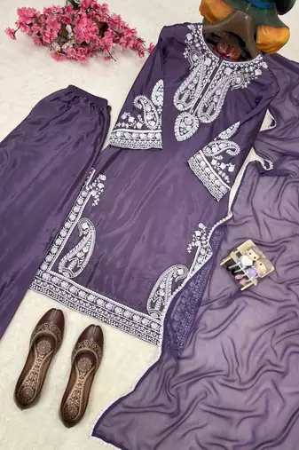 Purple colour chinon silk kurti palazzo set with georgette dupatta