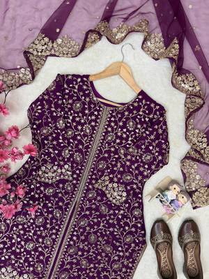 Royal plum colour heavy chinnon silk kurti palazzo set with dupatta 3