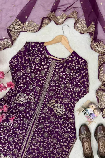 Royal plum colour heavy chinnon silk kurti palazzo set with dupatta