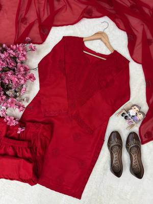 Red colour embroidered rayon kurti sharara set with dupatta 2