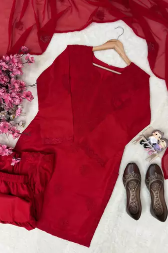 Red colour embroidered rayon kurti sharara set with dupatta