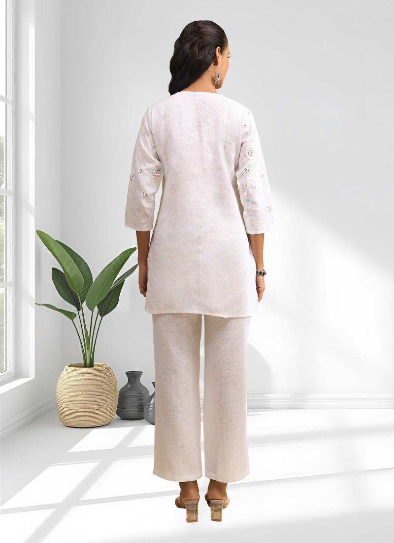 Women's linen off white embroidered short kurta with pant