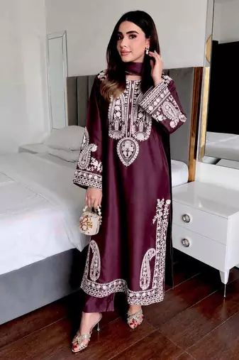 Maroon colour chinon silk kurti palazzo set with georgette dupatta