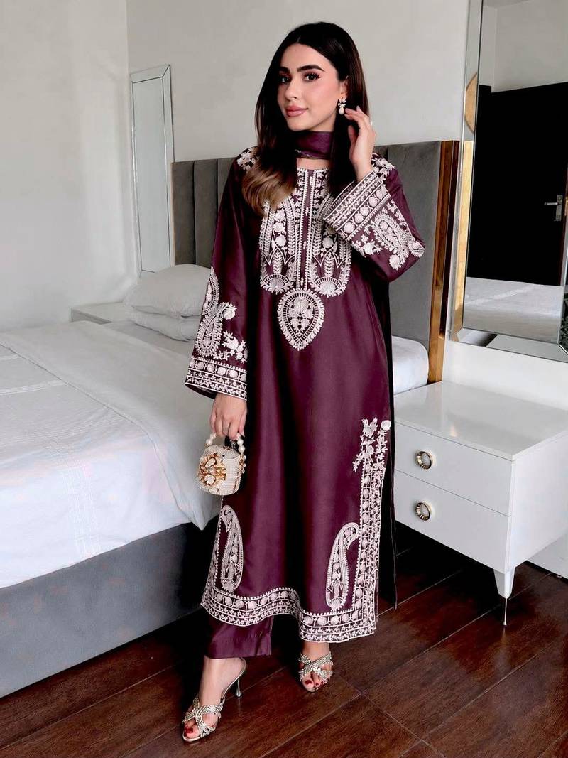 Maroon colour chinon silk kurti palazzo set with georgette dupatta