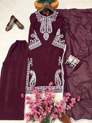 Maroon colour chinon silk kurti palazzo set with georgette dupatta 2