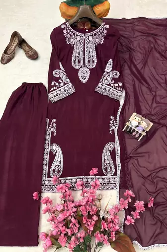 Maroon colour chinon silk kurti palazzo set with georgette dupatta