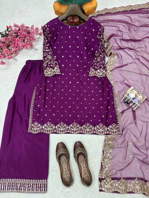 Royal plum colour heavy chinnon silk kurti palazzo set with dupatta 4