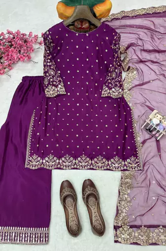 Royal plum colour heavy chinnon silk kurti palazzo set with dupatta