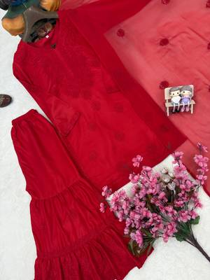 Red colour embroidered rayon kurti sharara set with dupatta 3