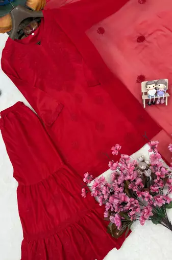 Red colour embroidered rayon kurti sharara set with dupatta
