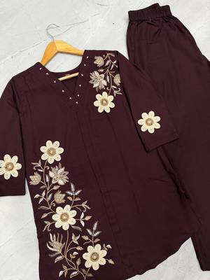 Brown colour embroidered rayon co-ord set for women 4
