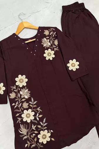 Brown colour embroidered rayon co-ord set for women