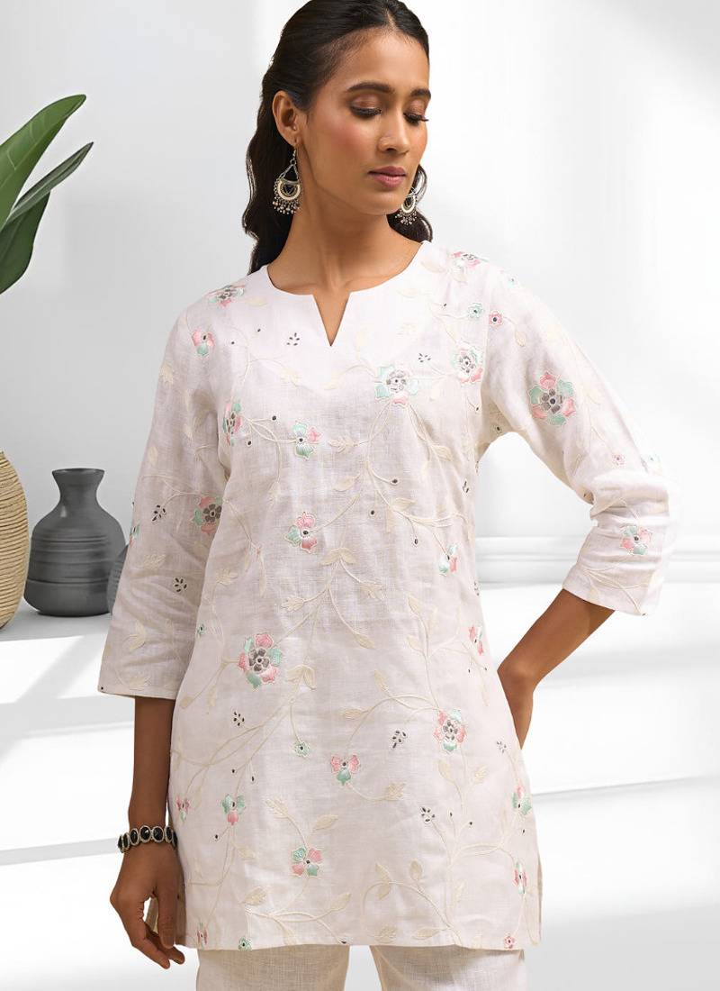 Women's linen off white embroidered short kurta with pant