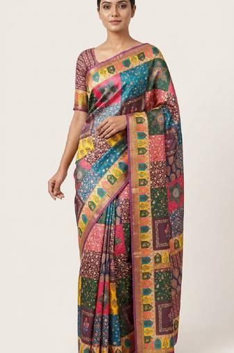 Multicolor digital print mall cotton saree with unstitched blouse