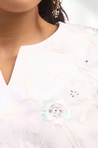 Women's linen off white embroidered short kurta with pant