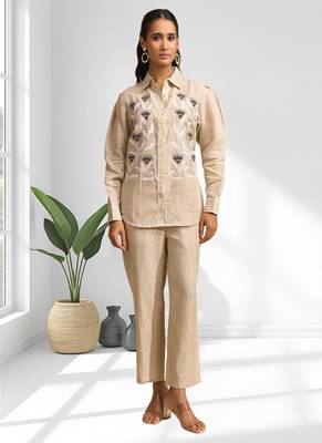 Women's linen beige embroidered short kurta with pant 1