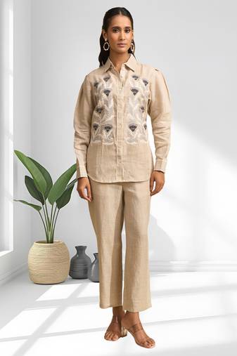 Women's linen beige embroidered short kurta with pant