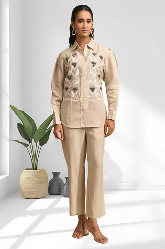 Women's linen beige embroidered short kurta with pant