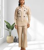 Women's linen beige embroidered short kurta with pant