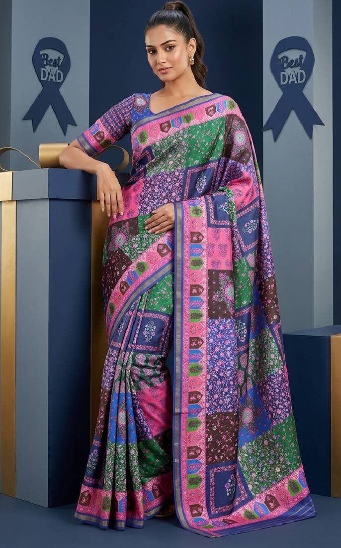 Multicolor digital print mall cotton saree with unstitched blouse