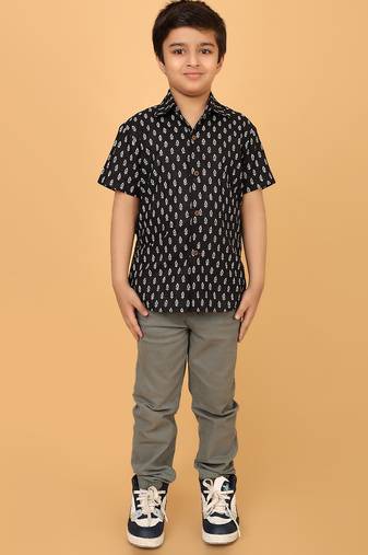 Black block print cotton boys shirt